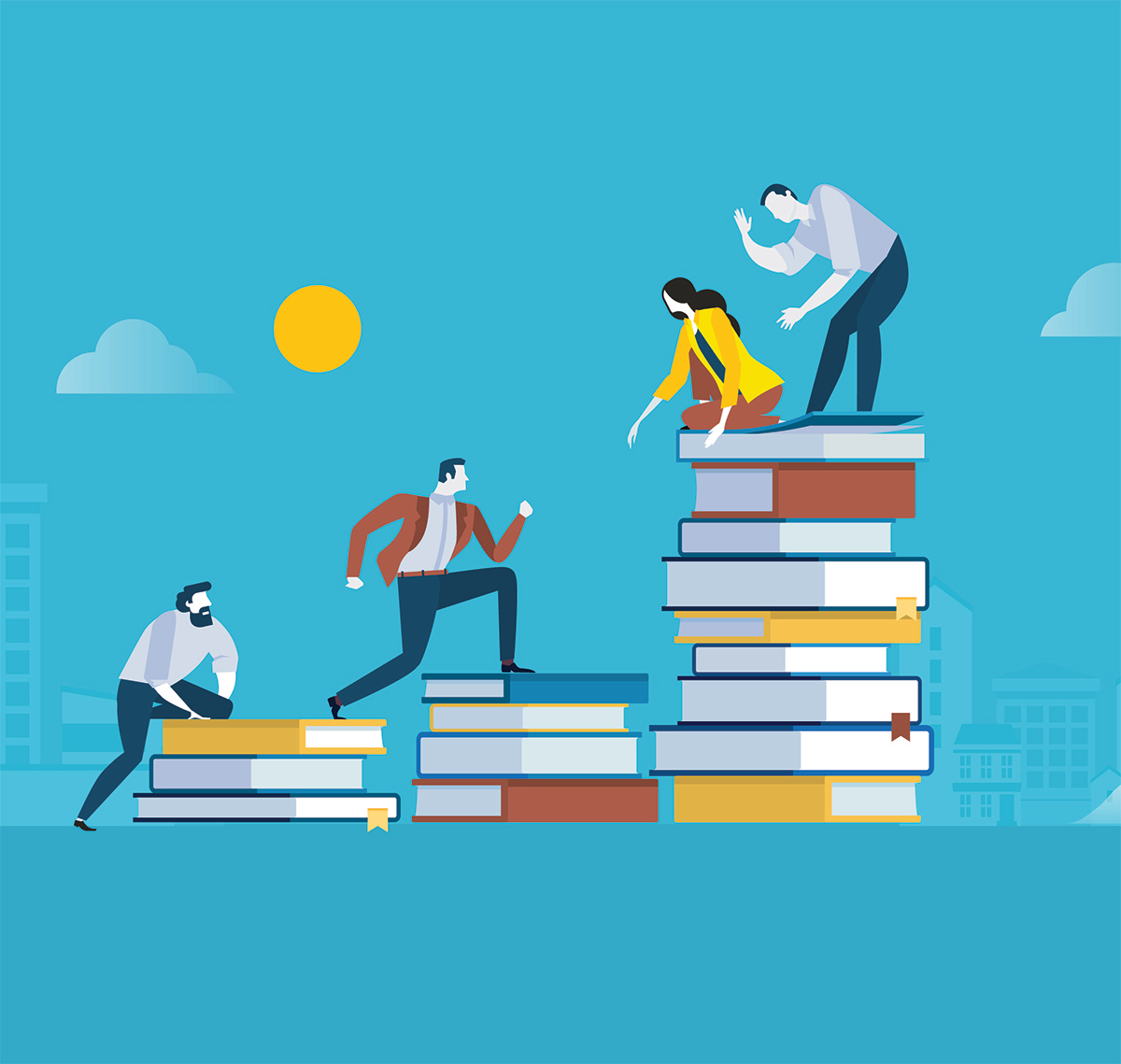 illustration of men and women climbing up stacks of books