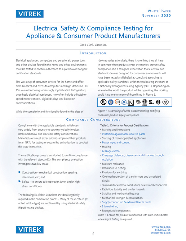 Electrical Safety & Compliance Testing for Appliance & Consumer Product Manufacturers white paper