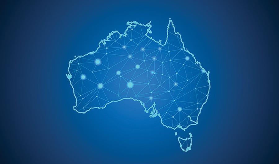 outline of Australia with blue circles connected by lines inside