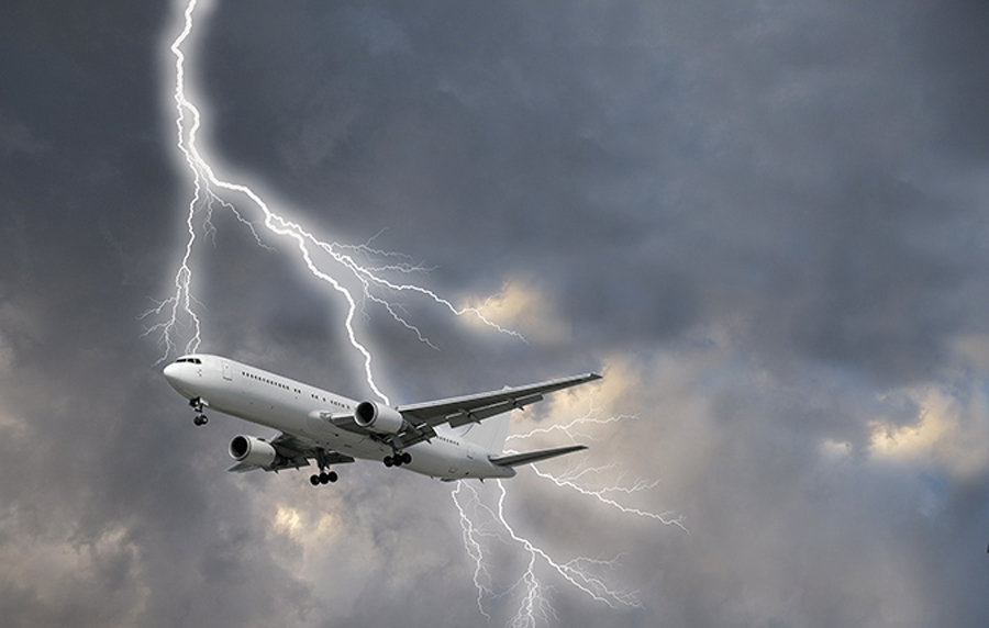 airplane flying in lightning