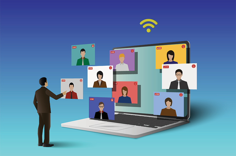 illustration of man on web call with multiple people
