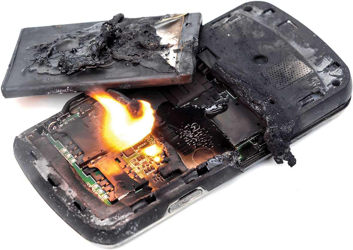 fried battery in flames