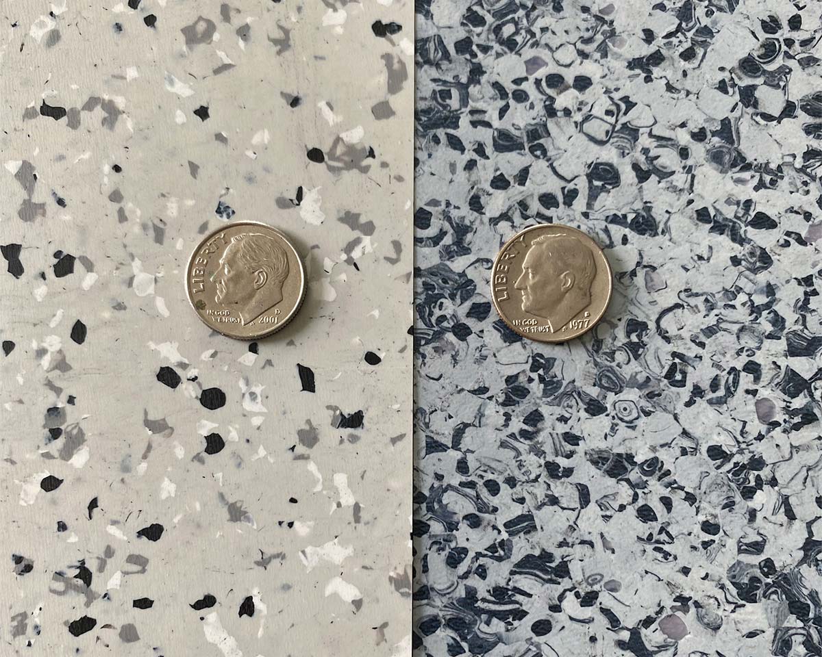 Dimes on marble counter with heads facing up