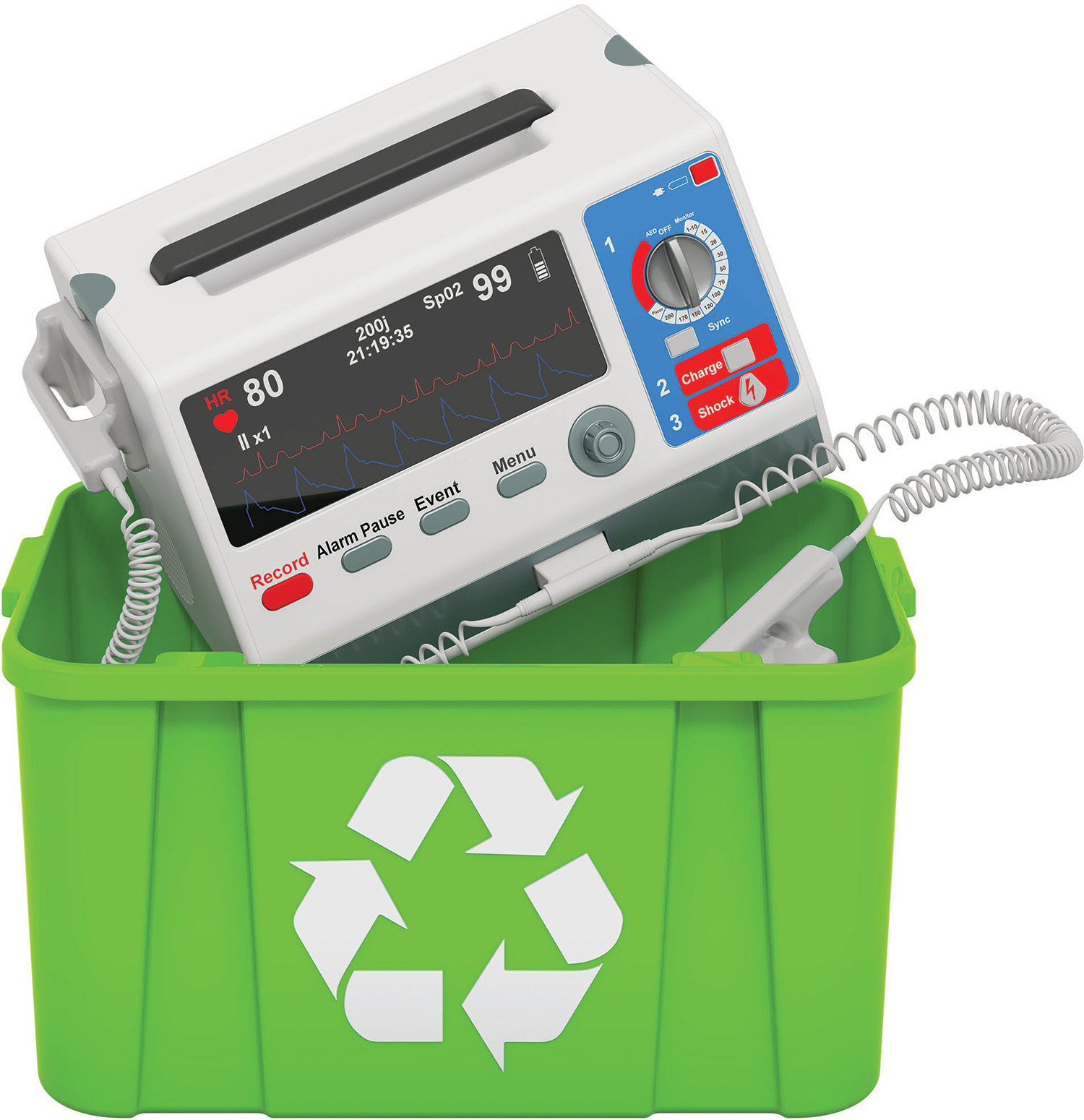 heart monitor in green recycle bin