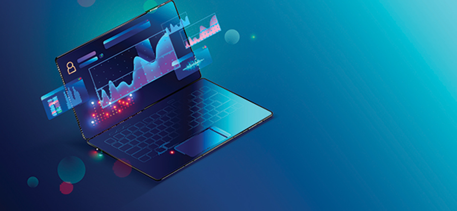 digital illustration of a laptop with multiple graphs and statistics coming out of the screen