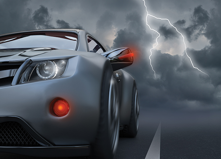 car driving away from lightning