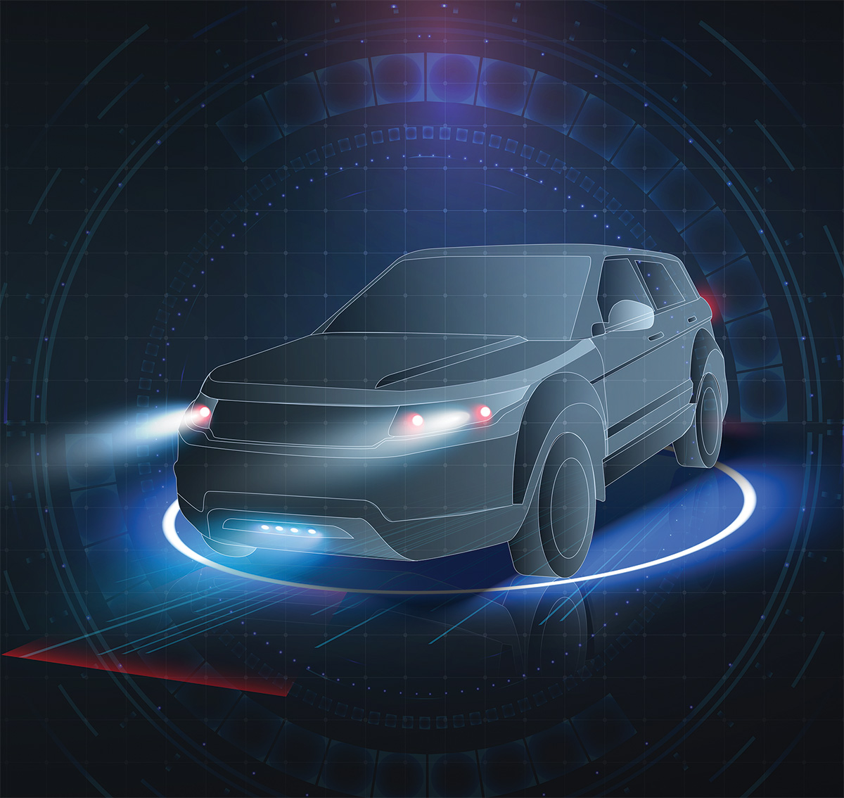 digital rendering of car with headlights on