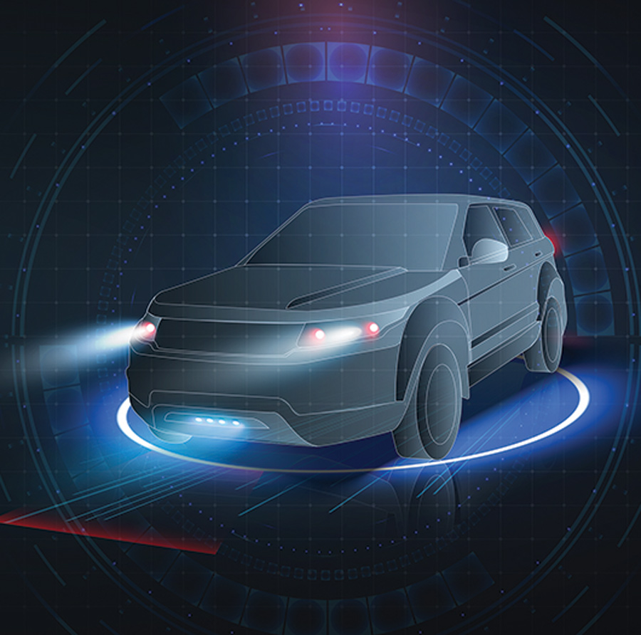 digital rendering of a car with headlights on