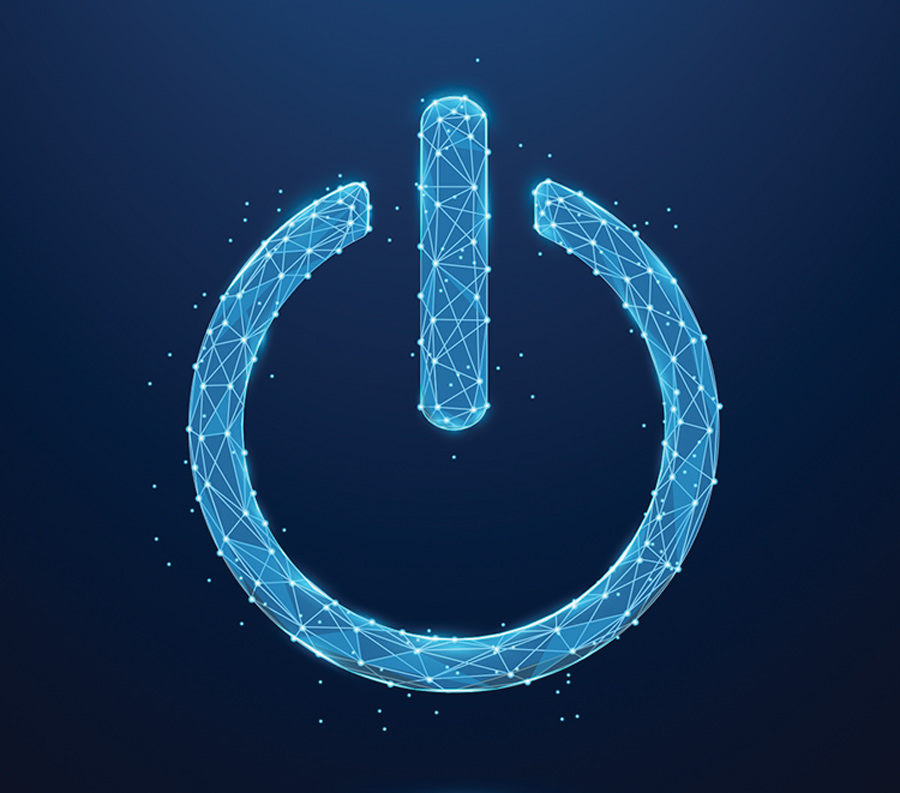 power icon made up of white lines with a blue glow