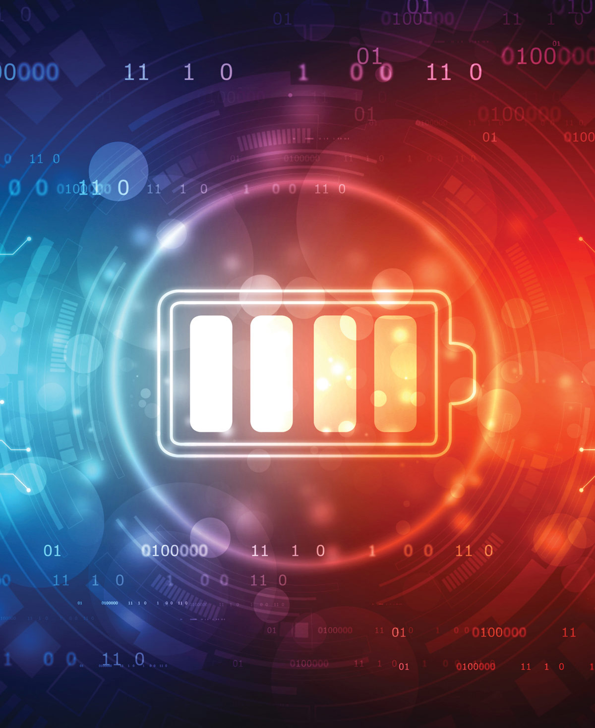 Abstract render of charged battery icon with binary code around 