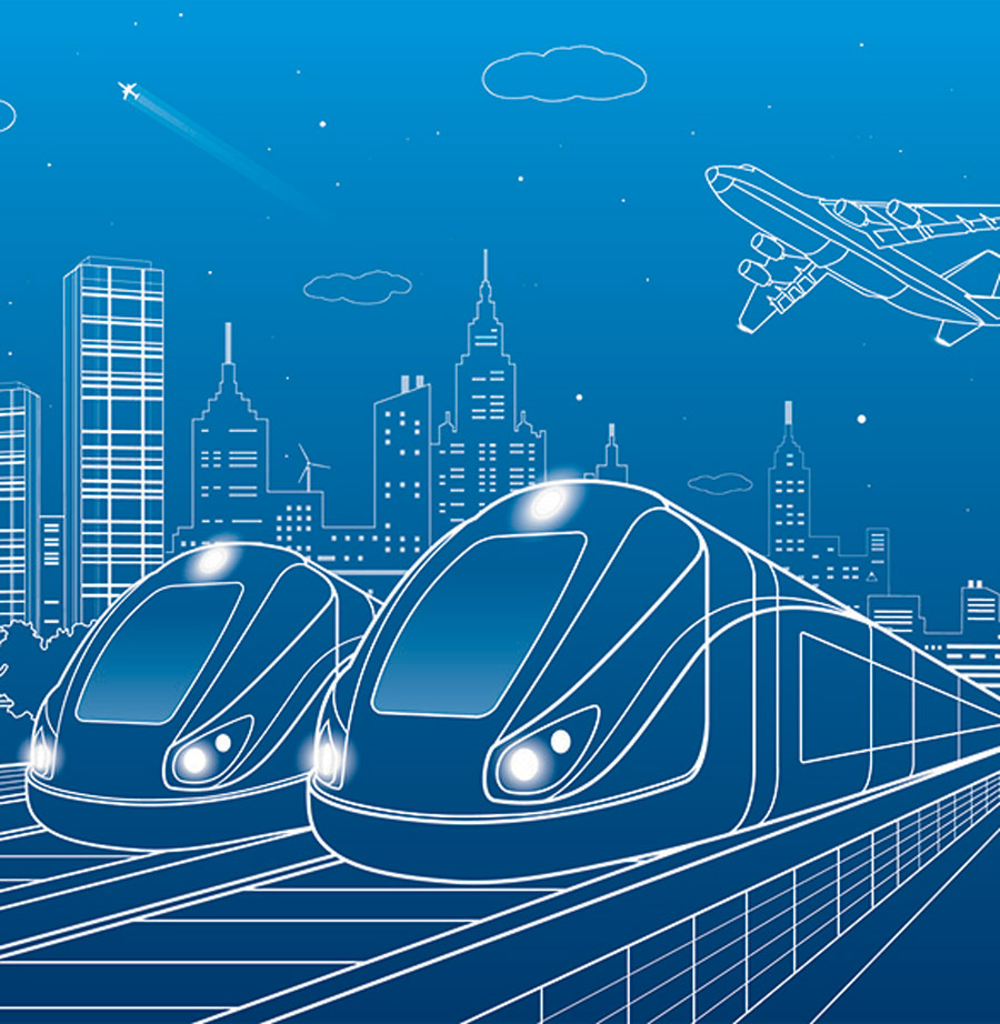 blueprint of a subway system with a skyline and an airplane in the background