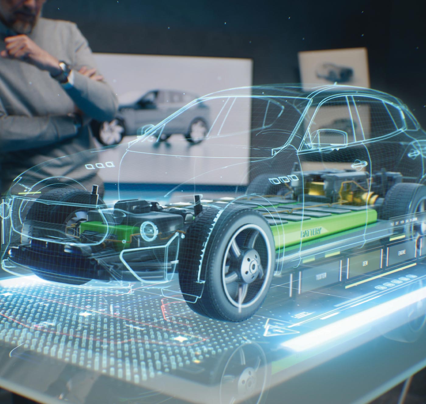 a man in the background analyzes a holographic x-ray of a car with the battery highlighted