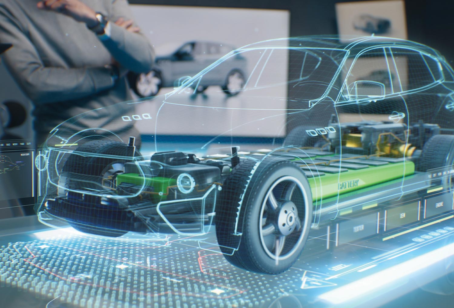 a holographic x-ray of a car with the battery highlighted
