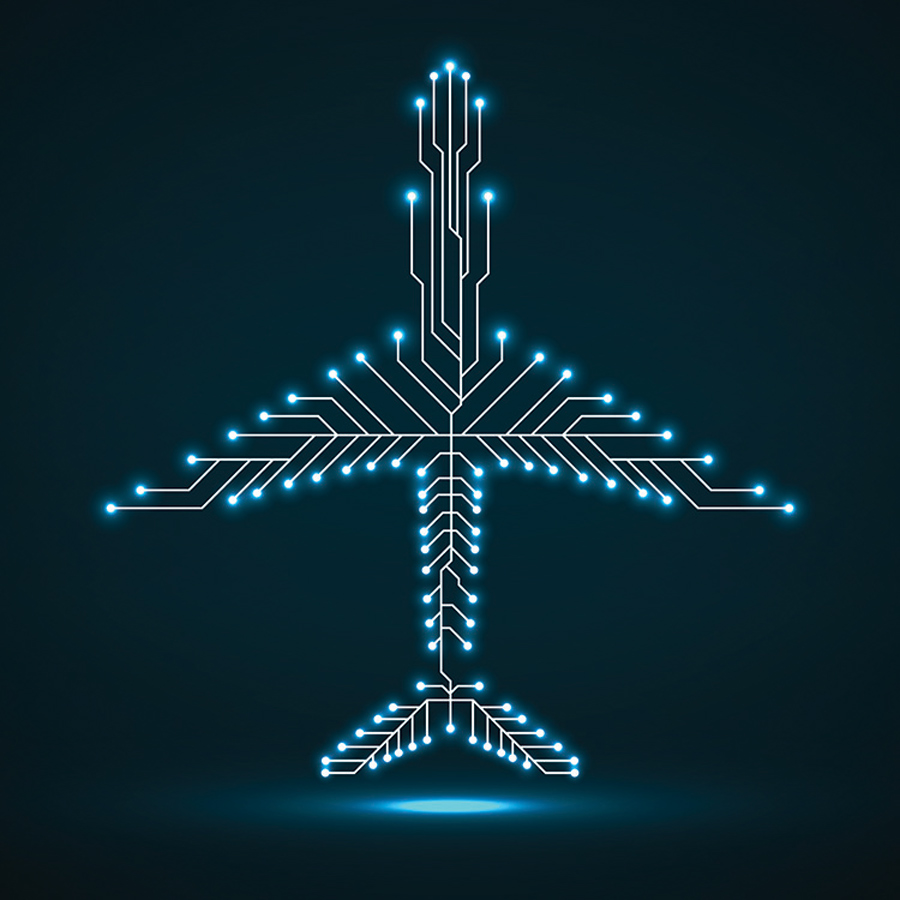 airplane shape made of blue lights and white lines