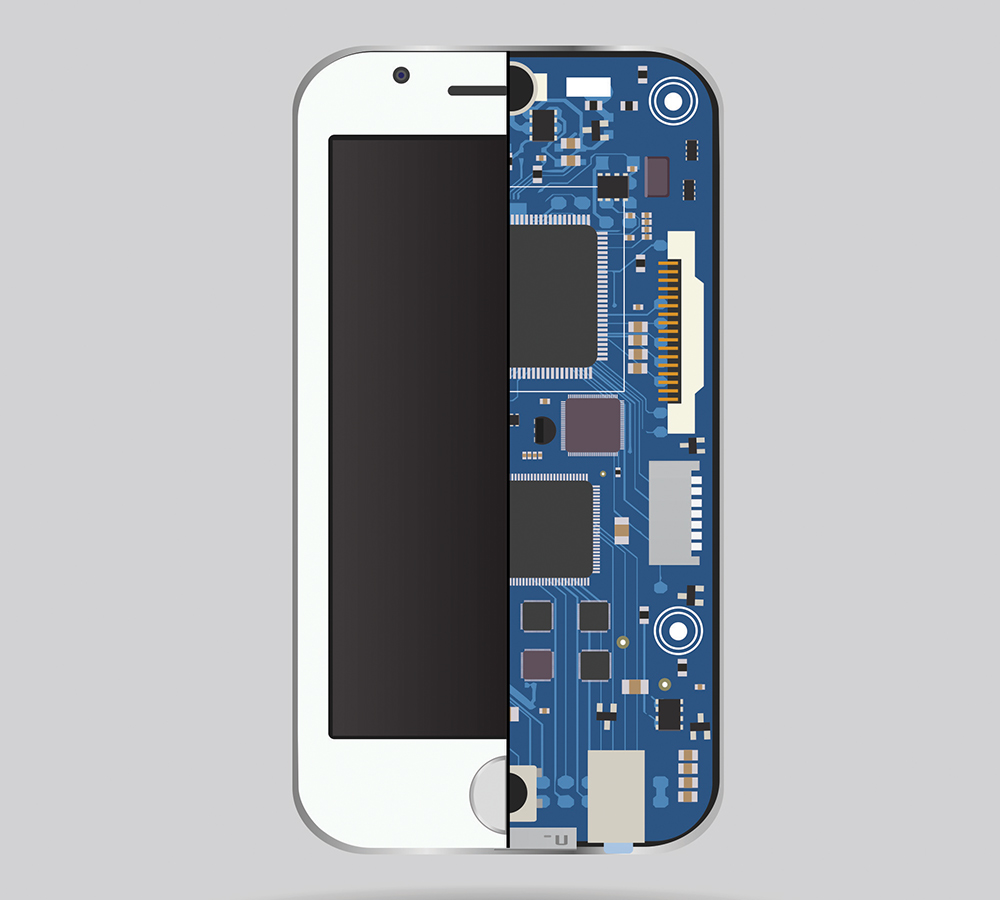 a smartphone mockup spliced down the center with a view of digitally illustrated circuitry on one side and the plain smartphone face on the other