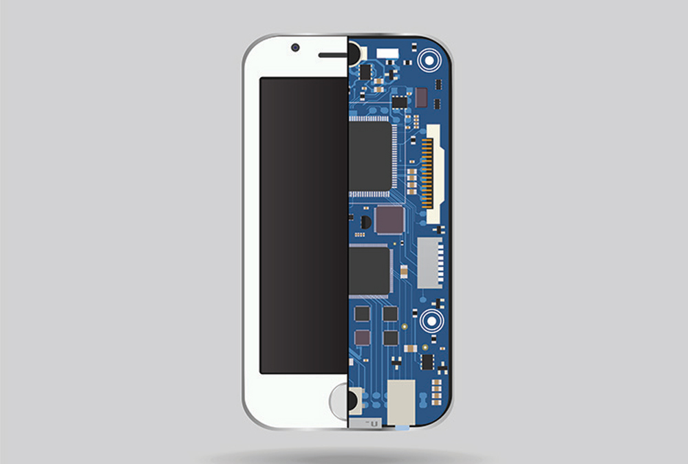 a smartphone mockup spliced down the center with a view of digitally illustrated circuitry on one side and the plain smartphone face on the other