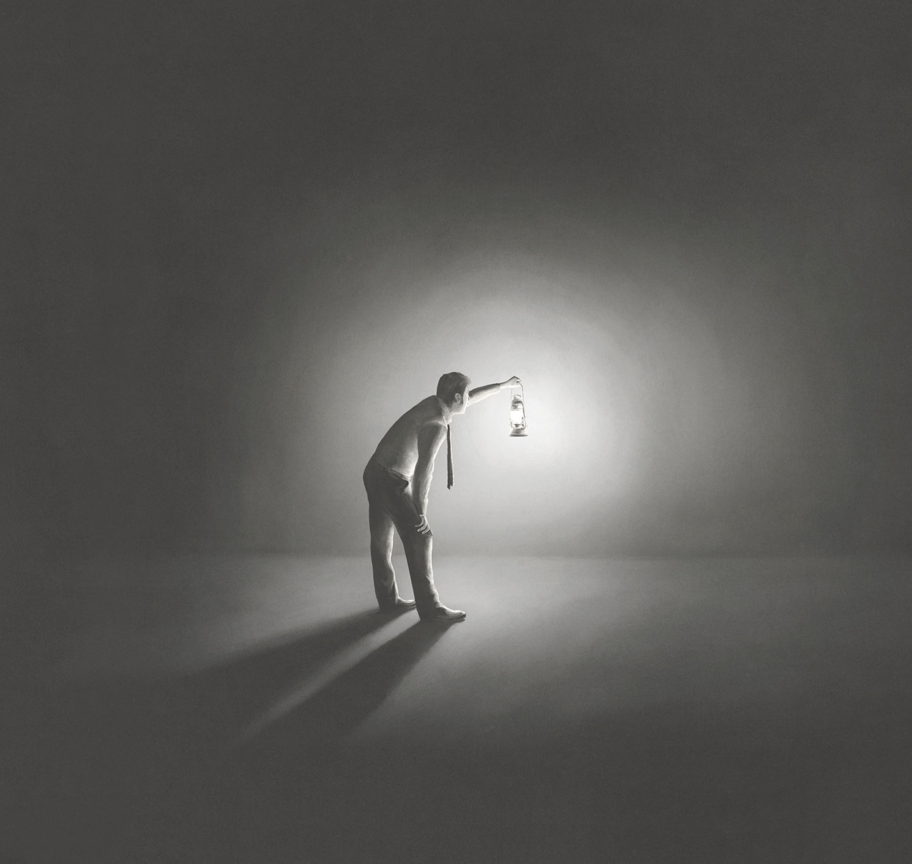 Drawing of man illuminating a dark room with a lantern