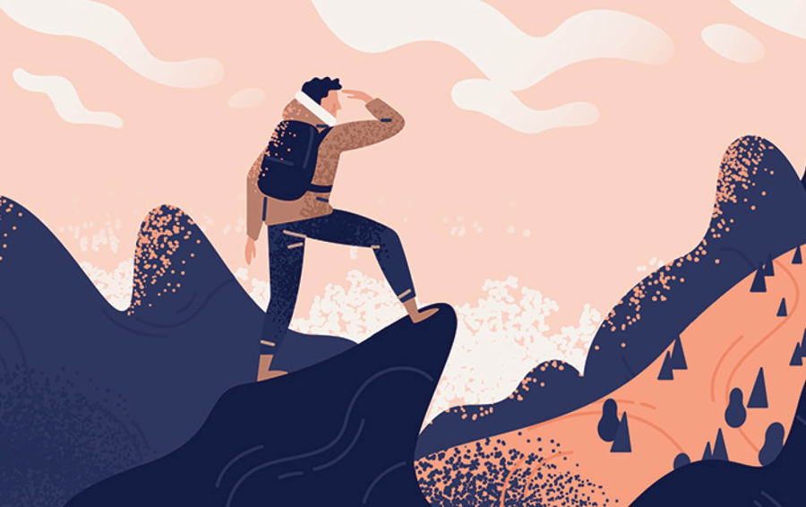 digital illustration of a person looking off the edge of a cliff