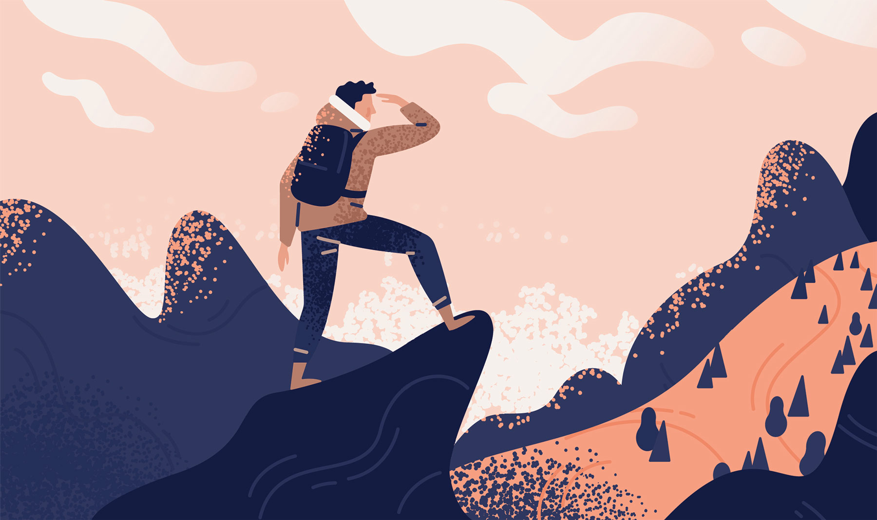 Stylized vector drawing of hiker looking out over cliff edge