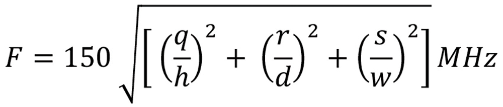 math equation of F = 150 multiplied by square root [ (q divided by h) to the second power + (r divided by d) to the second power + (s divided by w) to the second power ] multiplied by MHZ