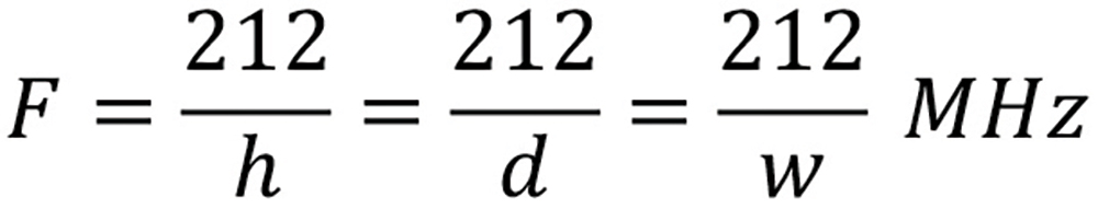 math equation of F = 212 divided by h = 212 divided by d = 212 divided by w multiplied by MHz