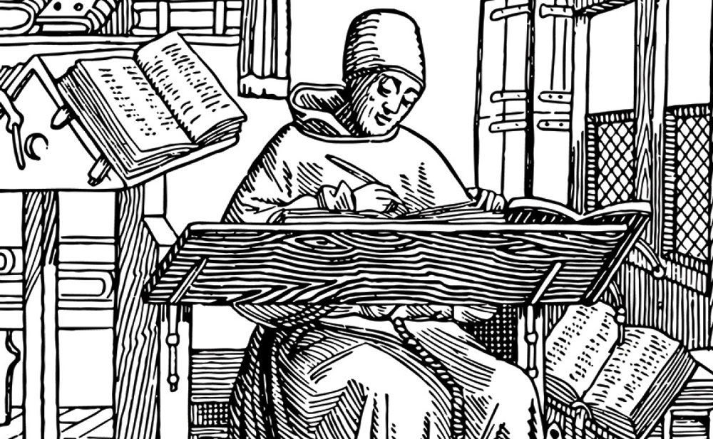 line drawing of someone drafting at a desk