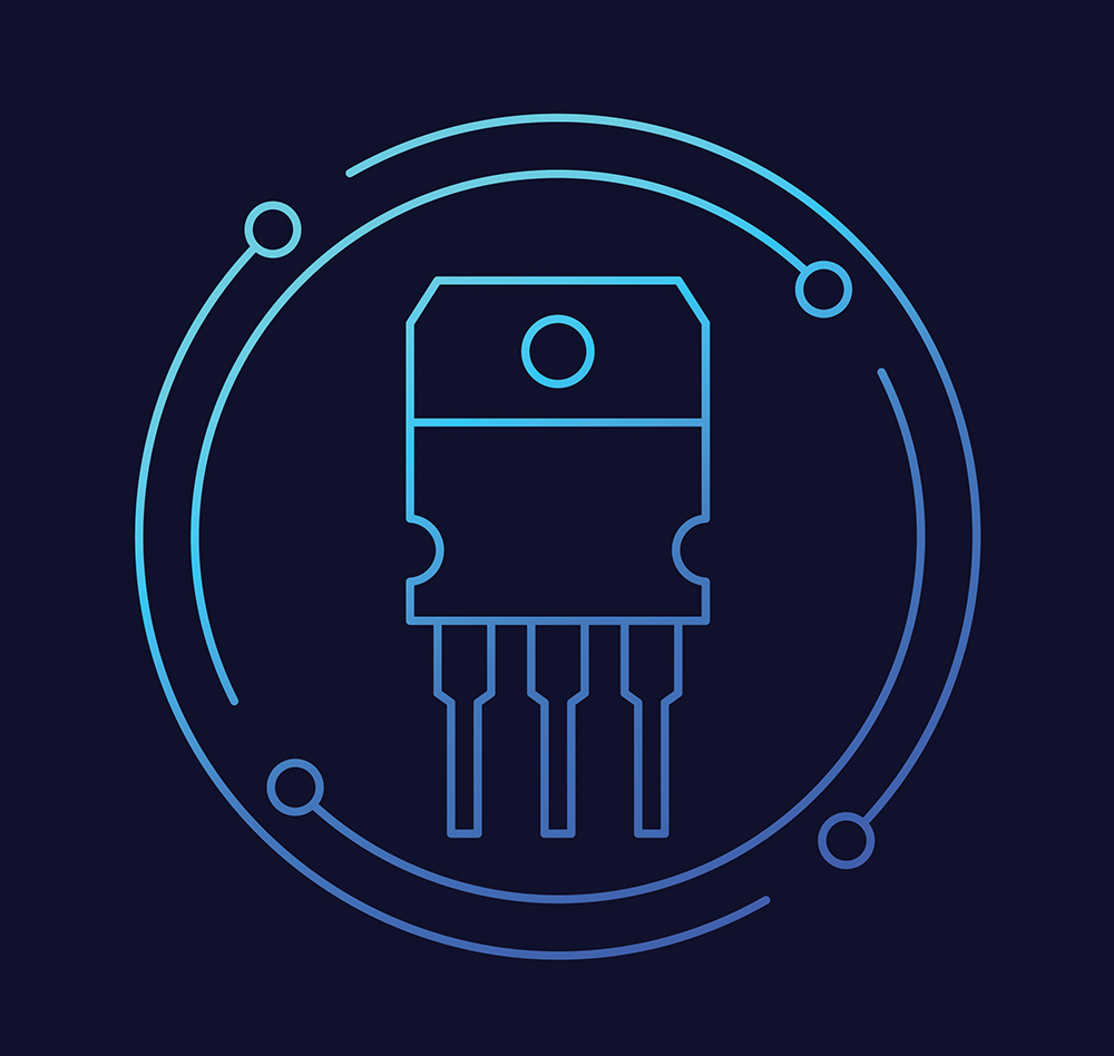 large simplified GaN/SiC Transistor icon against a dark blue background