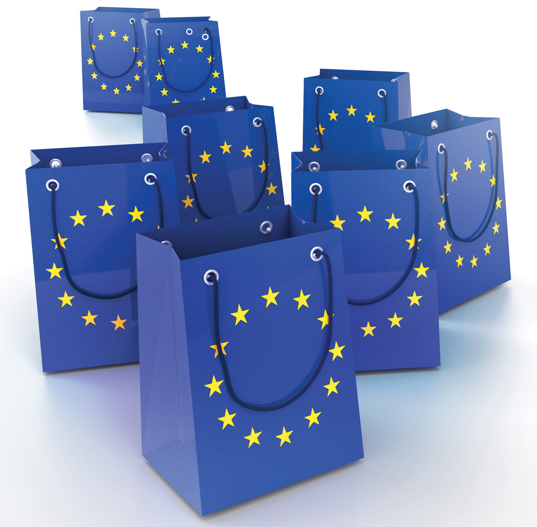 Multiple blue gift bags with the EU flag's ring of stars on the front