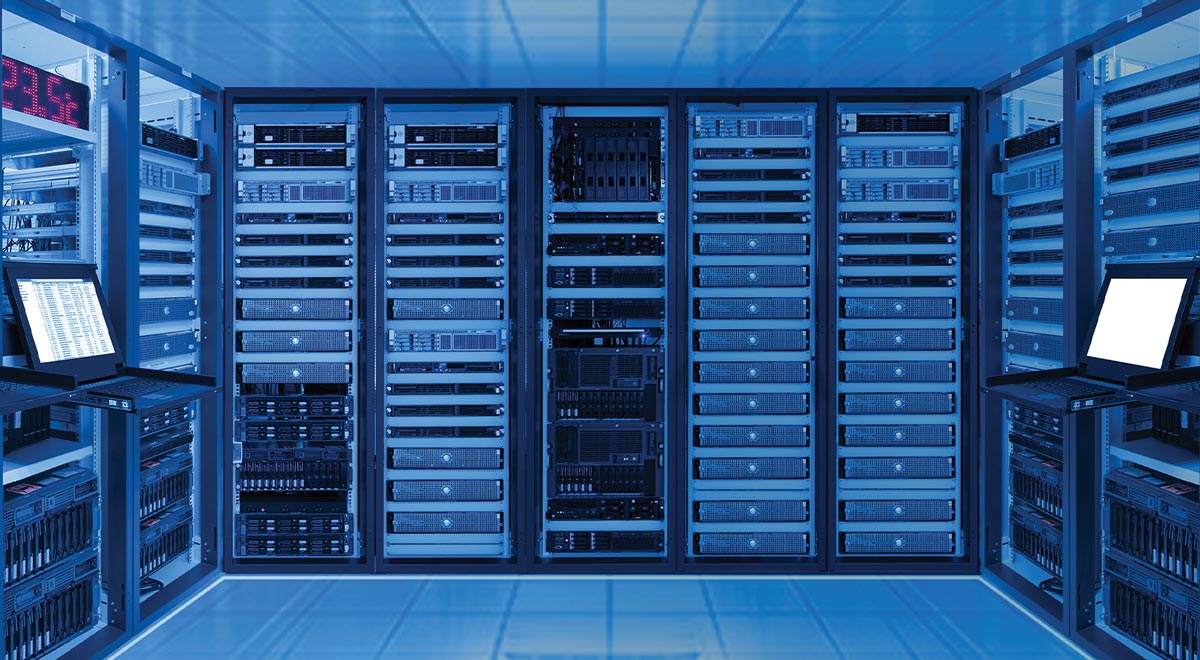 internal view of a blue hued server room