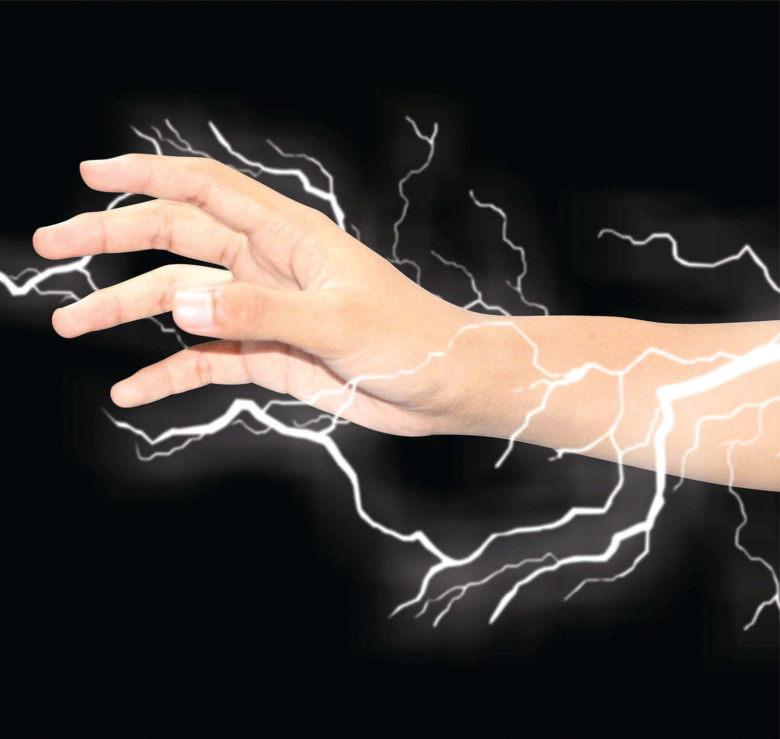 Outstretched arm surrounded by electrical currents