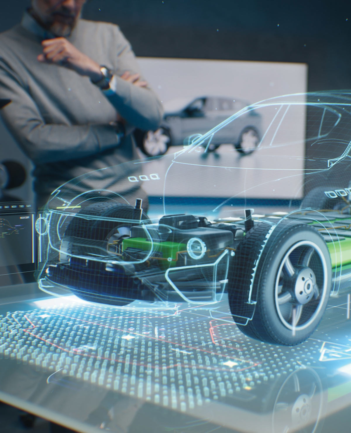 Futuristic hologram of a car being designed above a table, a man looking at it in the background