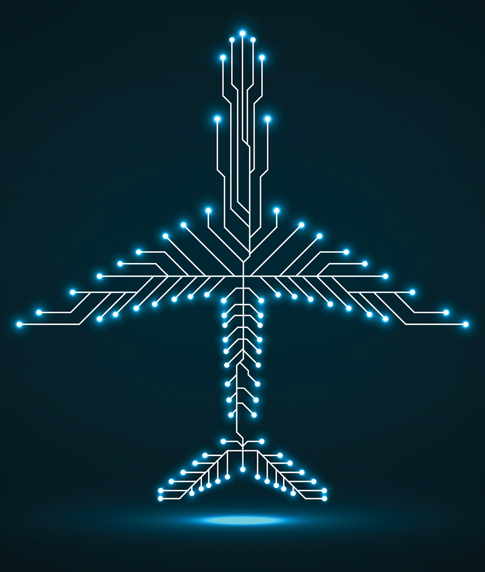 digital illustration of a plane made out of white outlines against a dark blue background
