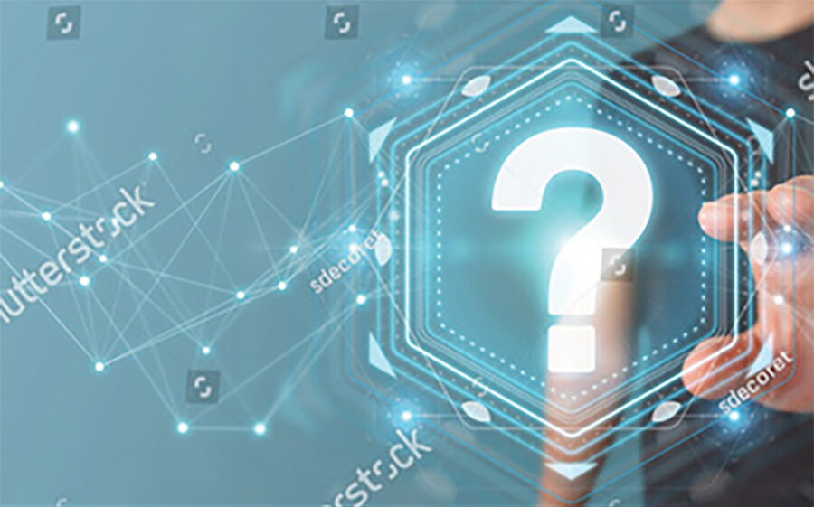 man reaching out to touch a 3D digital rendering of a question mark