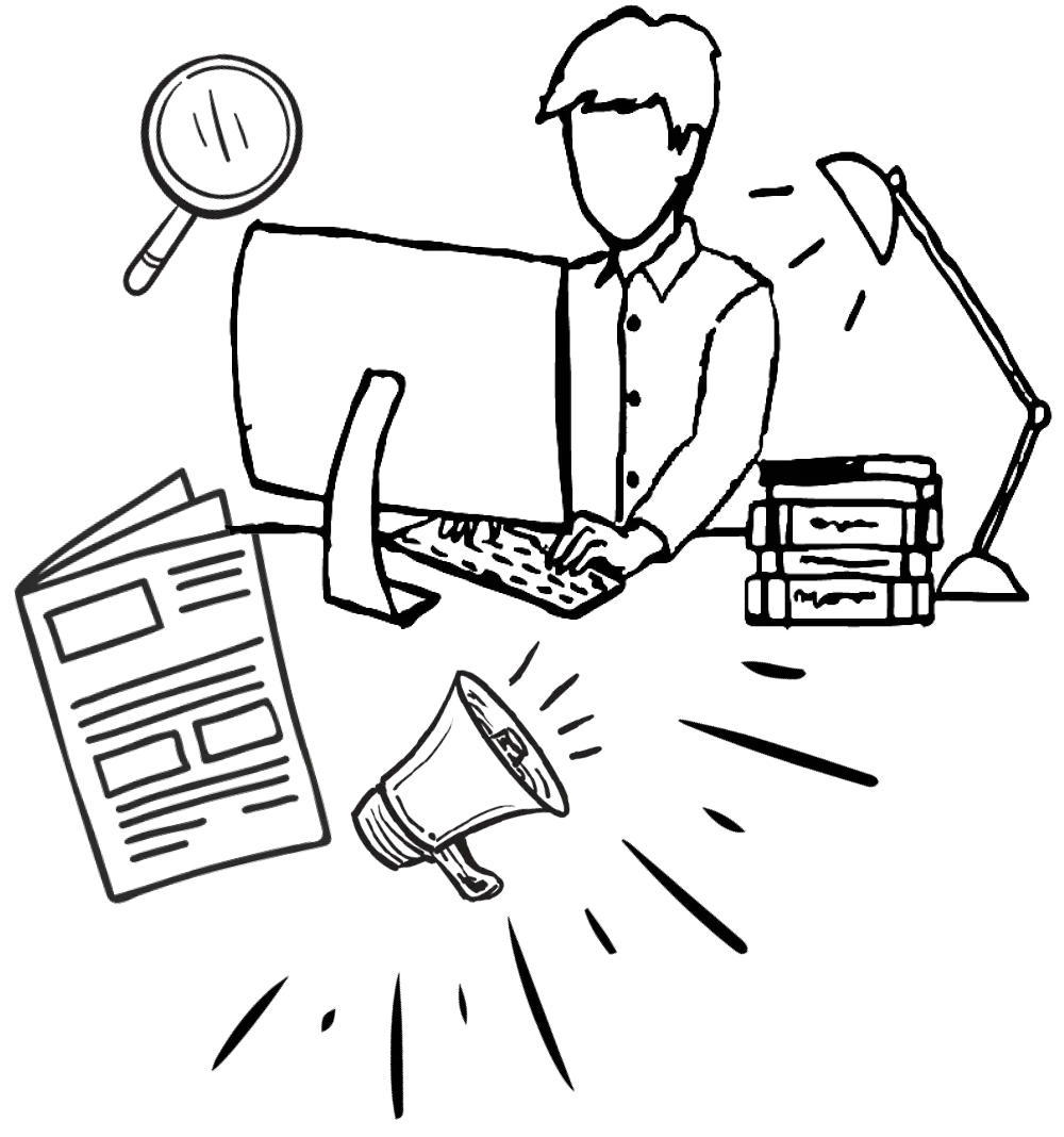Black and white vector illustration of a male figure using a desktop computer by typing on the keyboard and glancing at the screen while there is a magnifying glass, a newspaper document, books, a lamp, and a blowhorn floating in the air nearby his presence