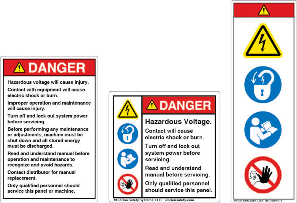 Examples of safety labels that use a word heavy approach (left), an ANSI-style symbol and text approach (middle), and a wordless approach (right).