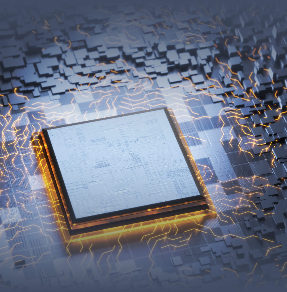 A detailed illustration of a microchip with orange glowing circuits.