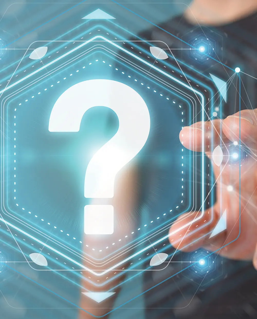 man reaching out to touch a 3D digital rendering of a question mark