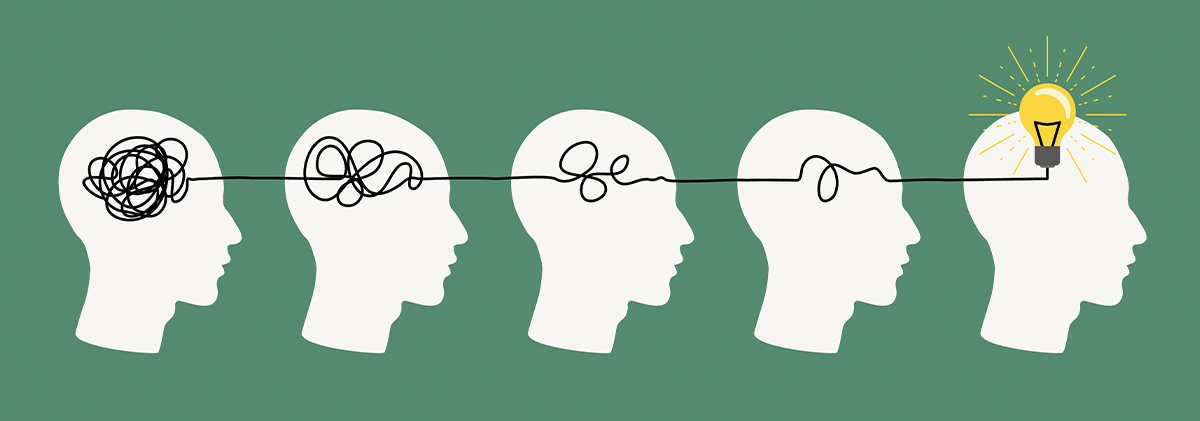 digital illustration of a side profile of various heads with scribbles running through them and a lightbulb on the last one