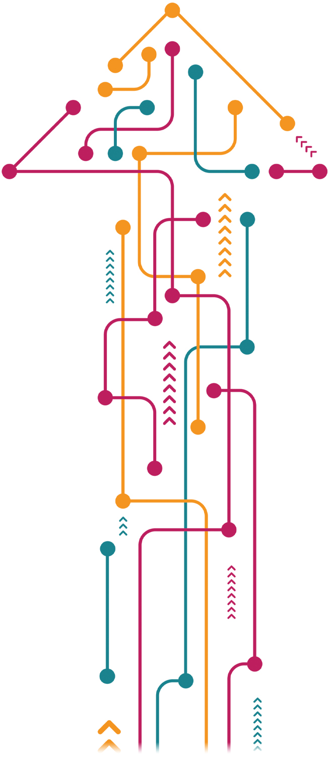 various lines with circular connection points and arrows create a large upward arrow