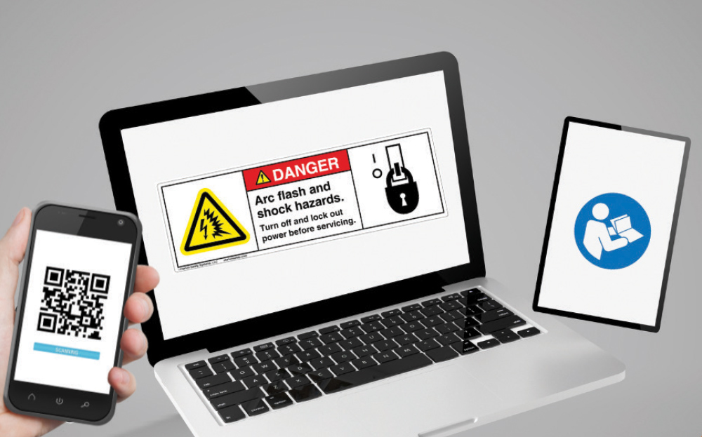 A digital safety warning on a laptop screen with a related QR code shown on a phone.