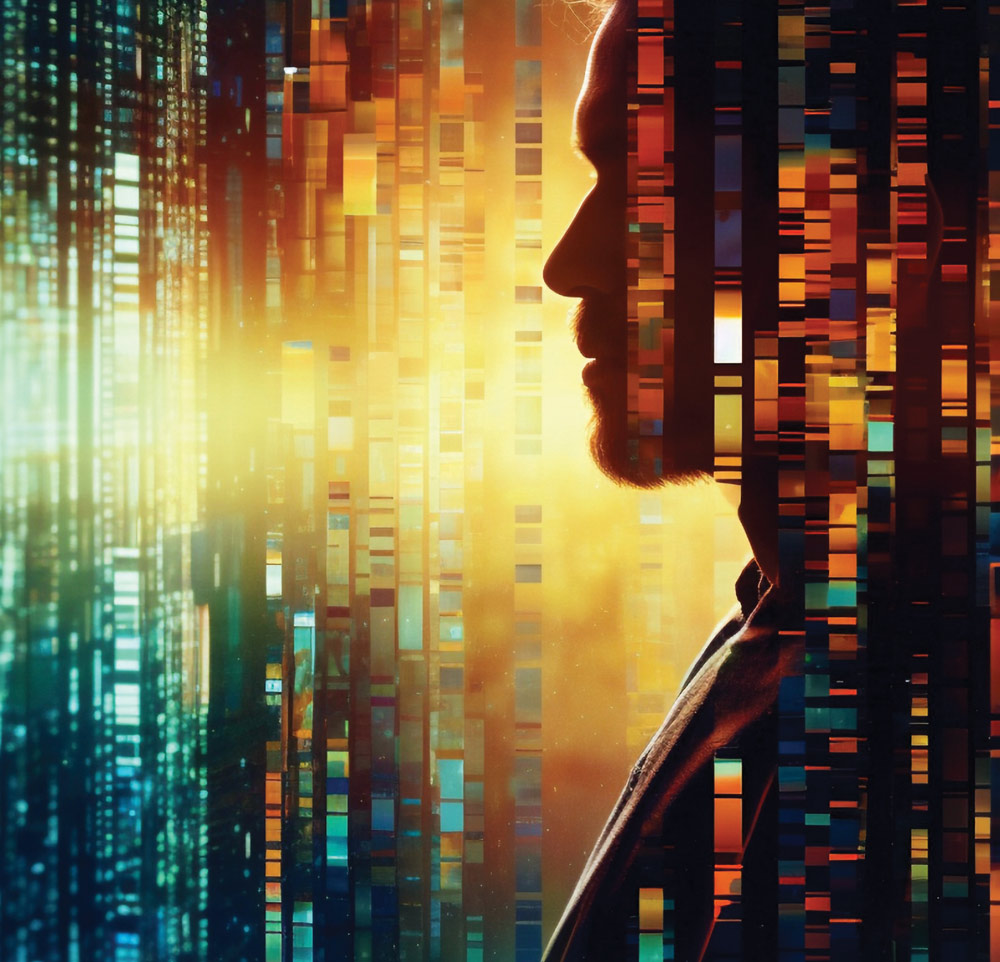 Silhouetted profile of a person against a colorful, abstract digital background.