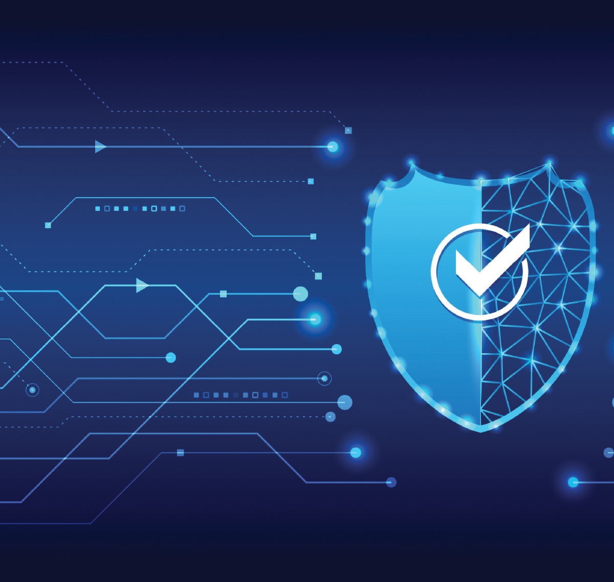 a stylized, glowing blue shield with a white checkmark inside, set against a dark blue background filled with abstract, interconnected lines and glowing dots that suggest a digital network or circuitry