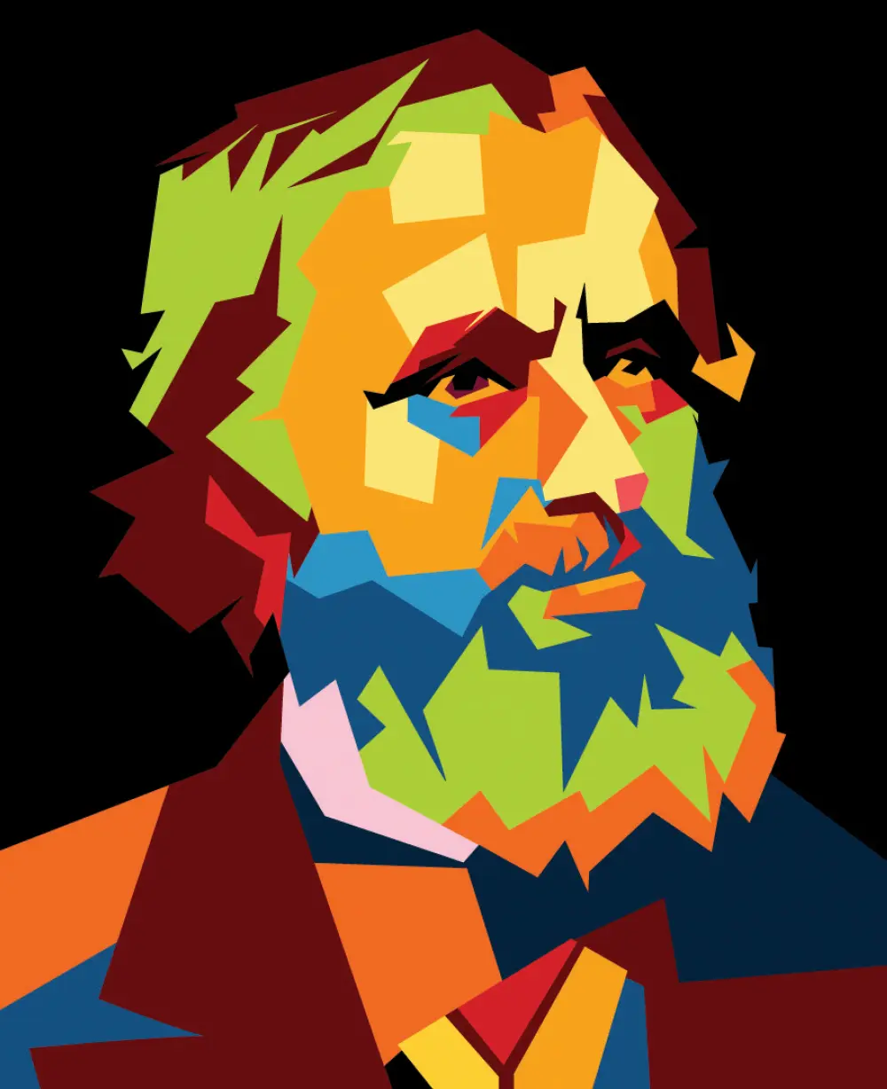 A digital vibrant, geometric pop art illustration headshot representation of Gustav Kirchhoff on a black background; His face, hair, and beard are rendered in various bold color shades like orange, green, blue, yellow, and red
