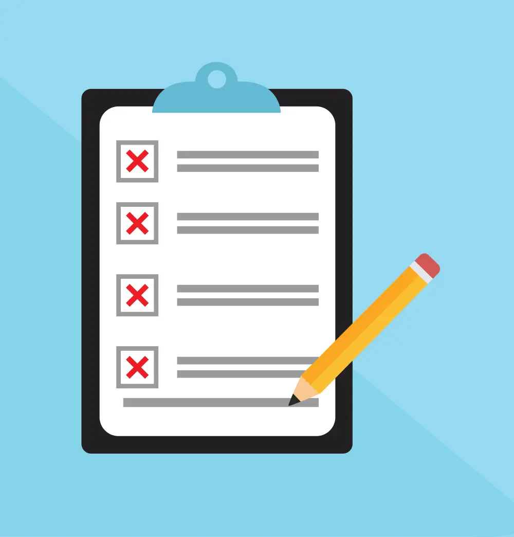 A digital vector graphic minimalistic illustration of a black clipboard with a light steel blue colored clasp holding a piece of paper; The white colored paper displays a checklist with four items, each marked with a red uppercase letter X; A yellow wooden pencil is lying diagonally at an angle across the clipboard; The background is a solid light baby blue color