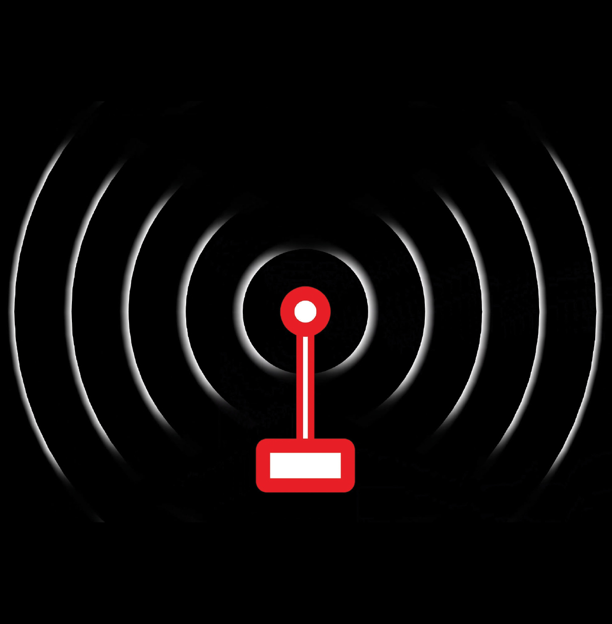 Red broadcasting antenna or transmitter icon on a black background, emitting concentric white radio waves or signals.