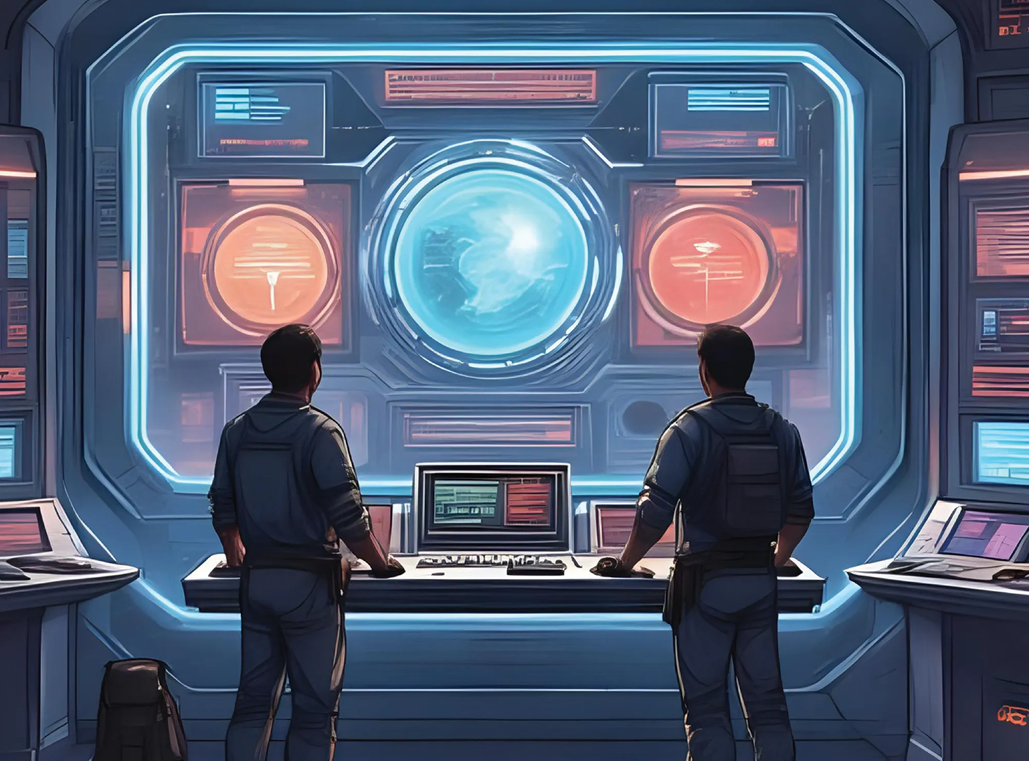 Two people in a futuristic control room observing a large screen with a blue orb and various data panels.