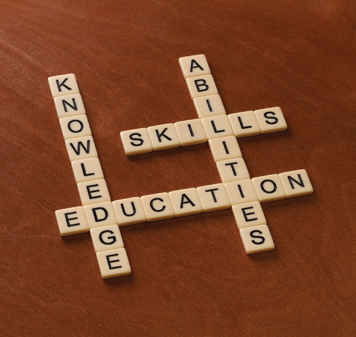 White crossword-style tiles on a brown surface spelling out the interconnected words "KNOWLEDGE," "SKILLS," "ABILITIES," and "EDUCATION."