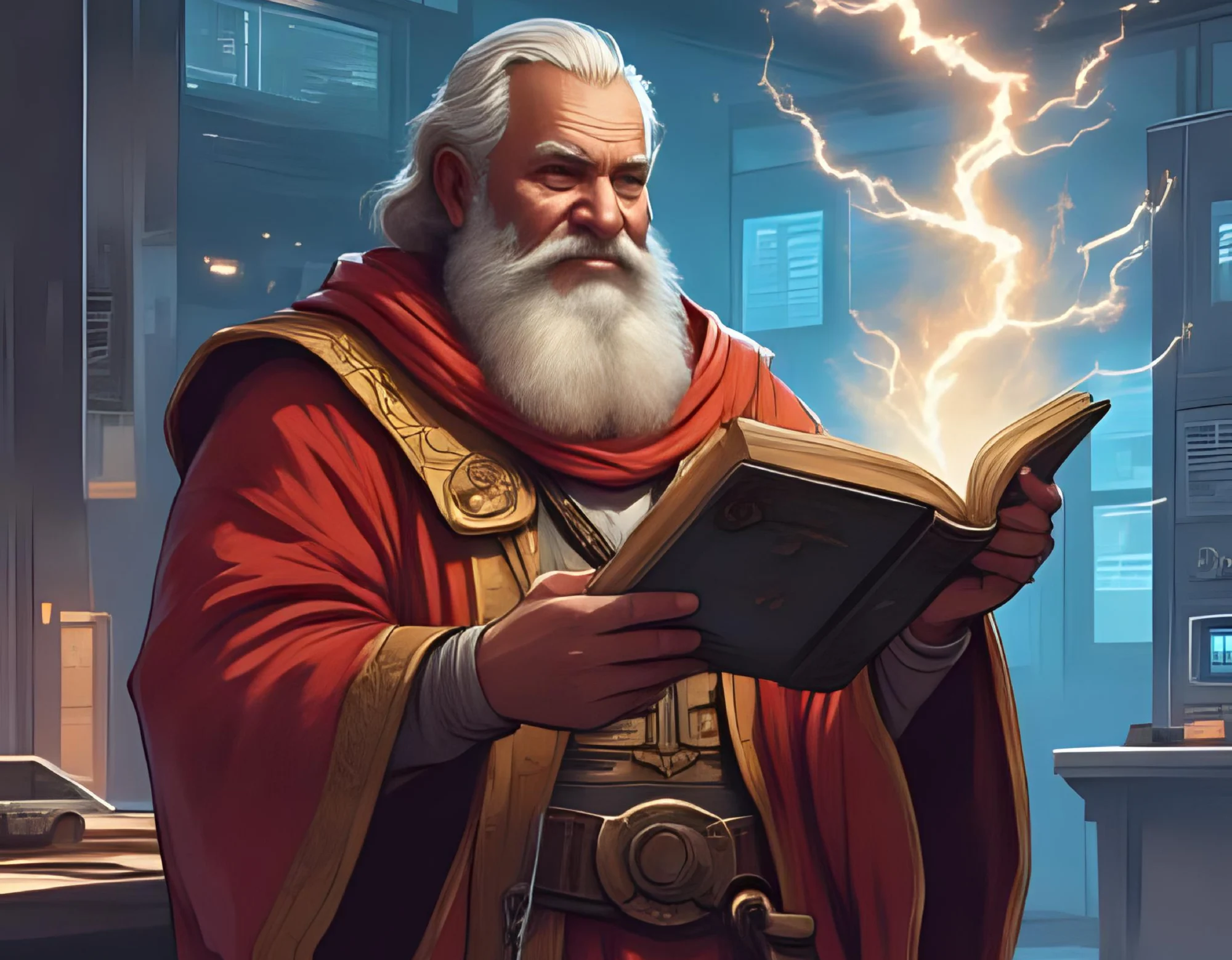 A bearded wizard in red robes reading an open book while a bolt of magical lightning glows behind him in a modern laboratory.