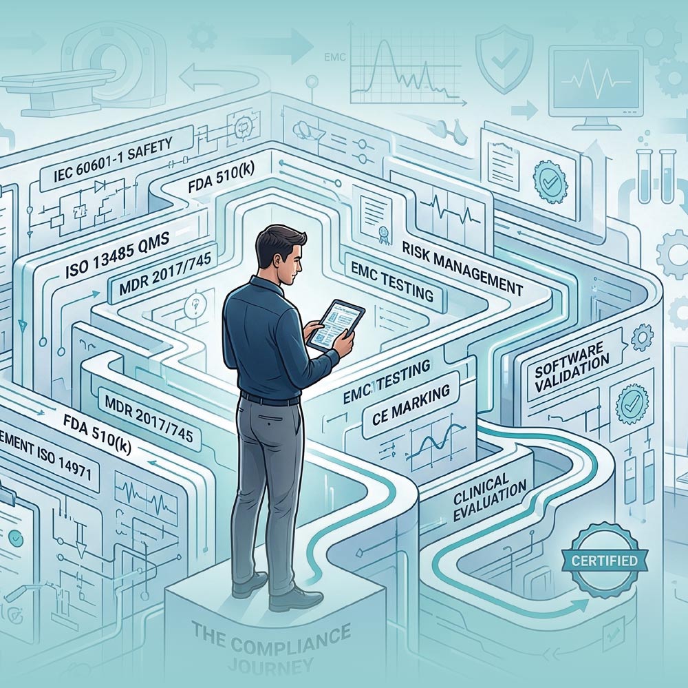 An illustration of a man in a maze of compliance standards, holding a tablet.