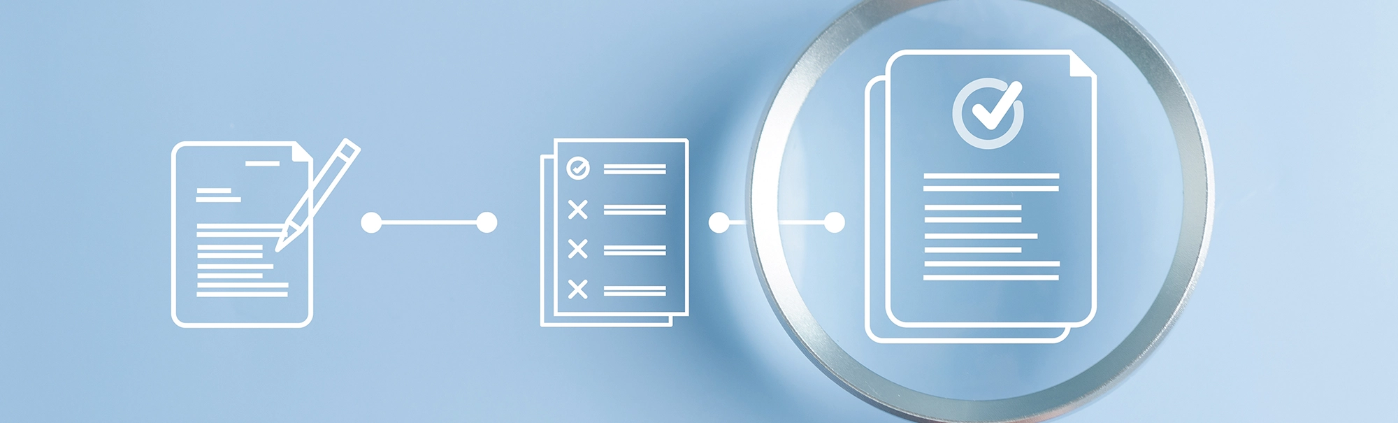 A sequence of three icons depicting document editing, checklist evaluation, and final approval under a magnifying glass on a light blue background.